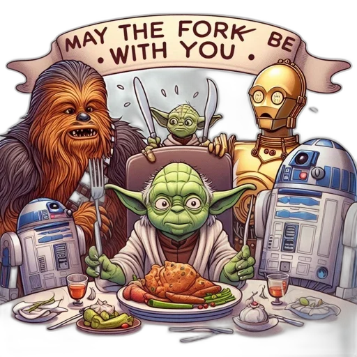 food, humorous, scene, various, star, wars, characters, gather transparent PNG cut-out