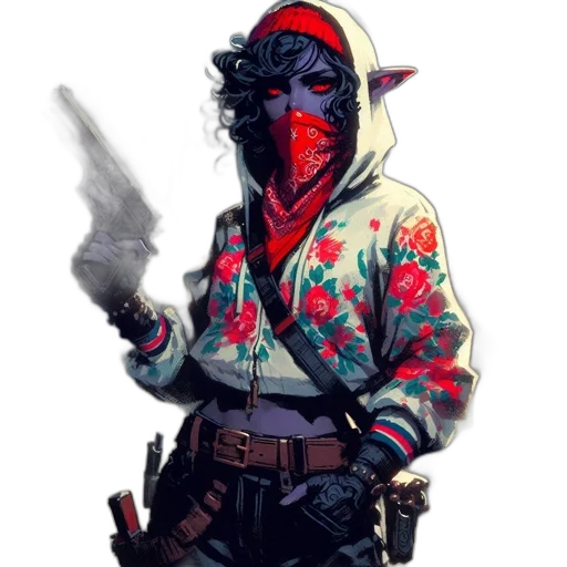 jacket, mask, weapon, staff, concept art, cyberpunk, pixel art, comic book art transparent PNG cut-out