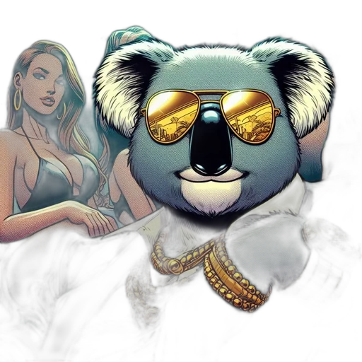 concept art, cartoon, comic book art, fantasy art, anthropomorphic, koala, suit, gold transparent PNG cut-out