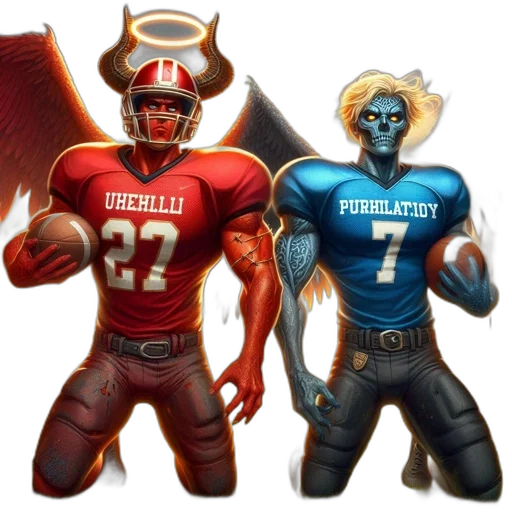 concept art, fantasy art, two, anthropomorphic, football, players, one, resembling transparent PNG cut-out