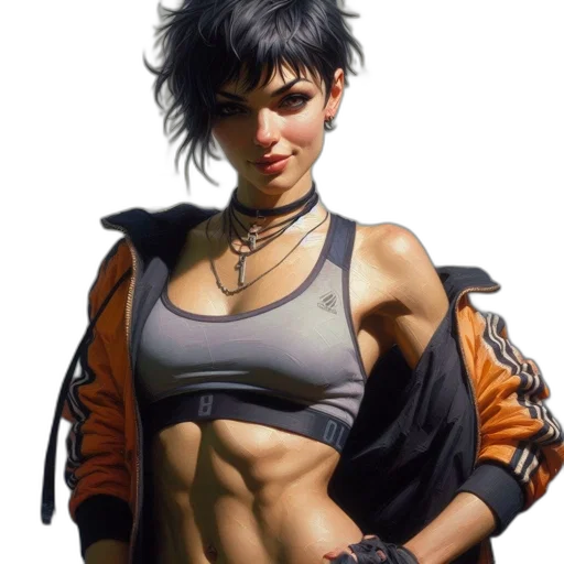 jacket, weapon, cyberpunk, concept art, comic book art, fantasy art, confident, female transparent PNG cut-out