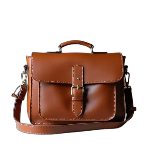 3d render, earth tones, brown, leather, satchel, buckle, detail, front transparent PNG cut-out