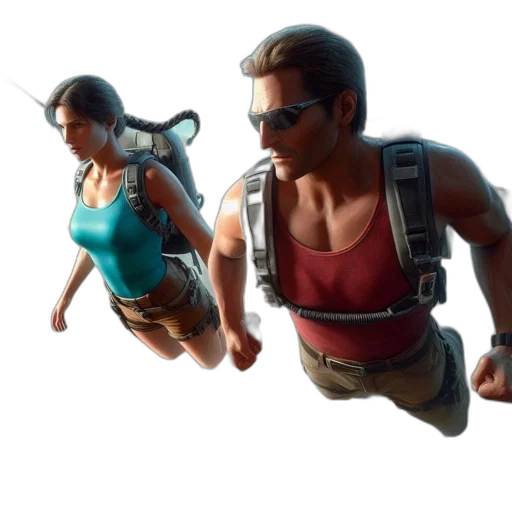 concept art, 3d render, photorealistic, two, individuals, mid-flight, wear, parachutes transparent PNG cut-out