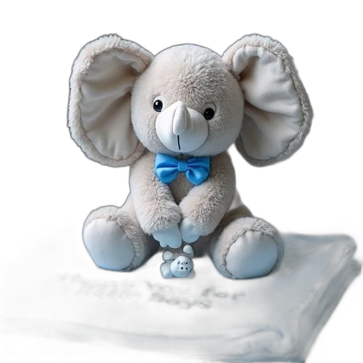 3d render, photorealistic, plush, toy, elephant, sitting, blue, blanket transparent PNG cut-out