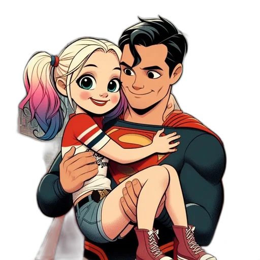 comic book art, cartoon, concept art, watercolor, cheerful, girl, hugs, superman transparent PNG cut-out