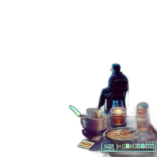 food, robot, bottle, weapon, pixel art, cyberpunk, concept art, vaporwave transparent PNG cut-out