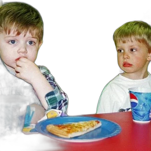 food, face, photorealistic, 3d render, two, boys, sit, table transparent PNG cut-out