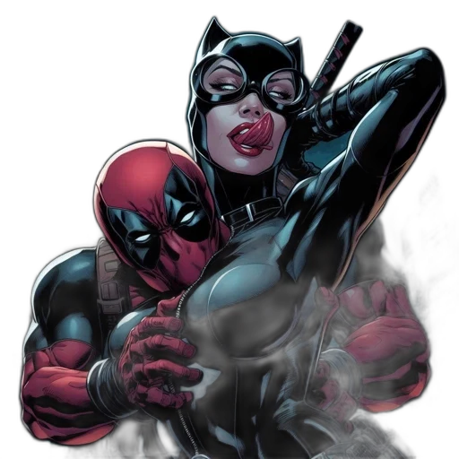 comic book art, concept art, deadpool, catwoman, pose, dramatically, amidst, cityscape transparent PNG cut-out