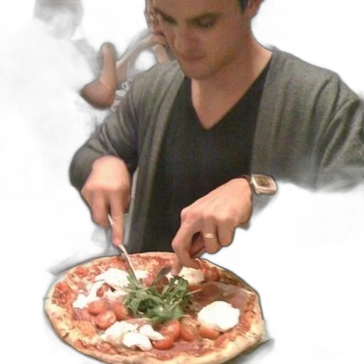 food, staff, photorealistic, 3d render, fire, man, gray, sweater transparent PNG cut-out