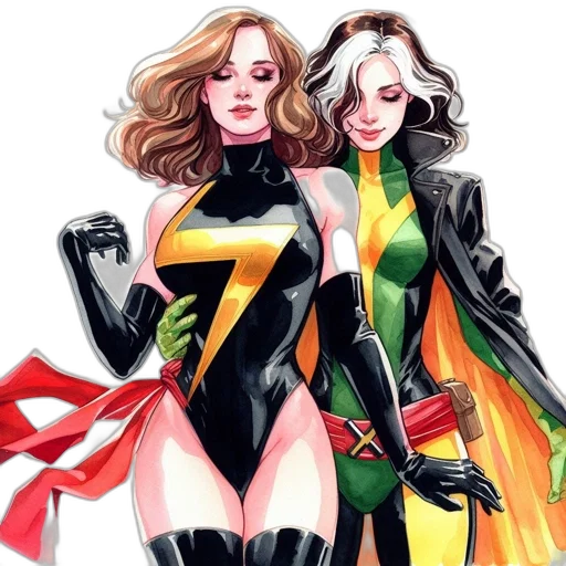 comic book art, concept art, cartoon, fantasy art, two, female, characters, embrace transparent PNG cut-out