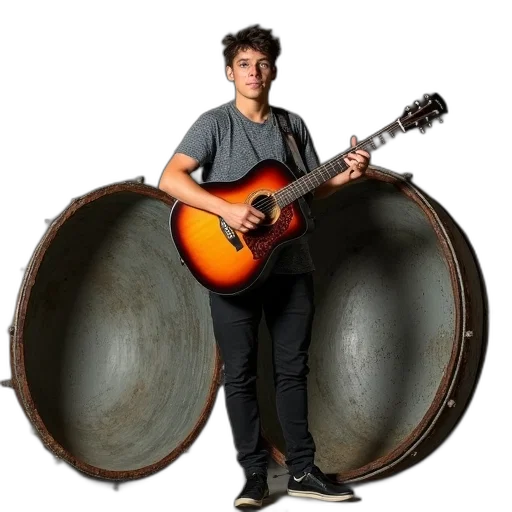 furniture, jacket, weapon, young, man, posing, his, guitar transparent PNG cut-out