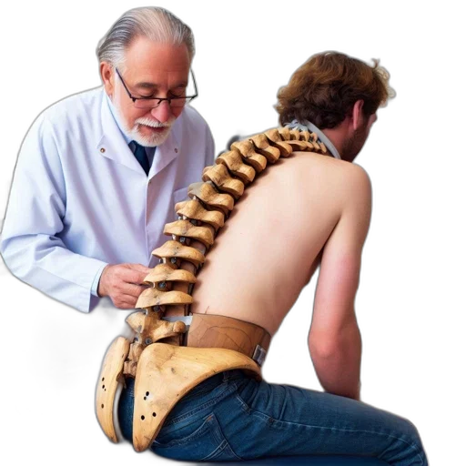 staff, elderly, physician, inspects, wooden, spinal, model, affixed transparent PNG cut-out