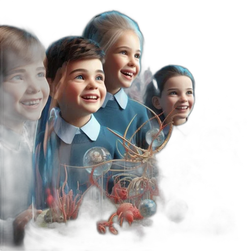 photorealistic, 3d render, concept art, three, children, two, boys, girl transparent PNG cut-out