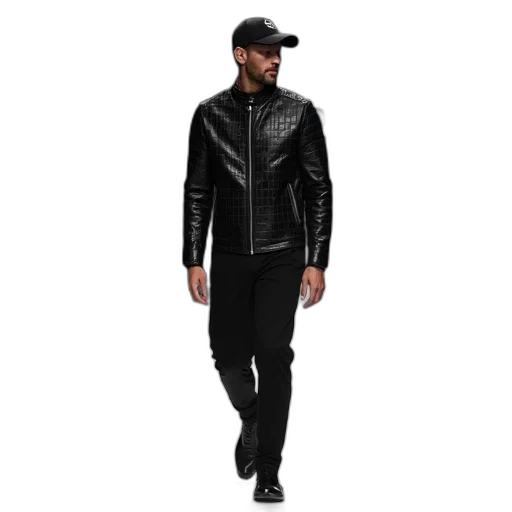 jacket, monochrome, dark, man, walking, down, runway, wearing transparent PNG cut-out