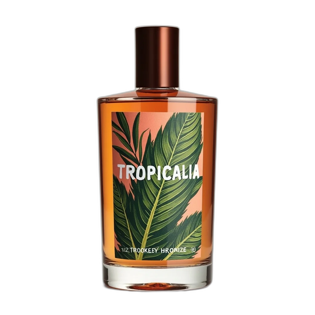 bottle, photorealistic, bronzer, tropical, design, label, featuring, leaf transparent PNG cut-out