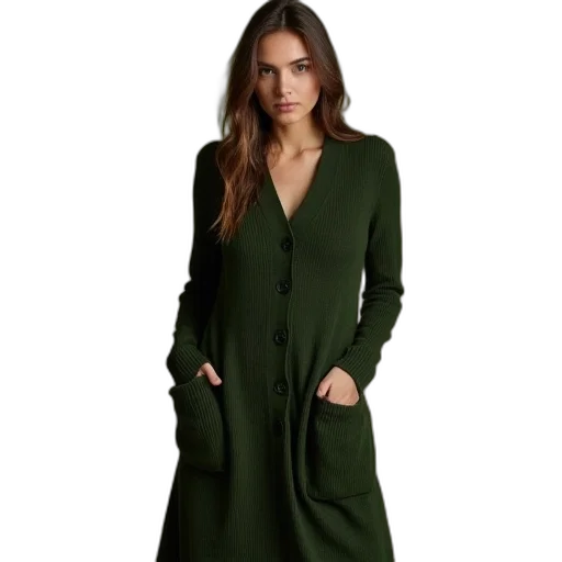 dress, jacket, green, earth tones, dark, soft, longline, cardigan transparent PNG cut-out