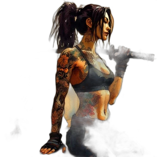 weapon, concept art, cyberpunk, fantasy art, photorealistic, tattooed, woman, katana transparent PNG cut-out
