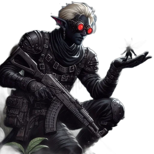 robot, weapon, creature, concept art, cyberpunk, fantasy art, comic book art, dark-skinned transparent PNG cut-out