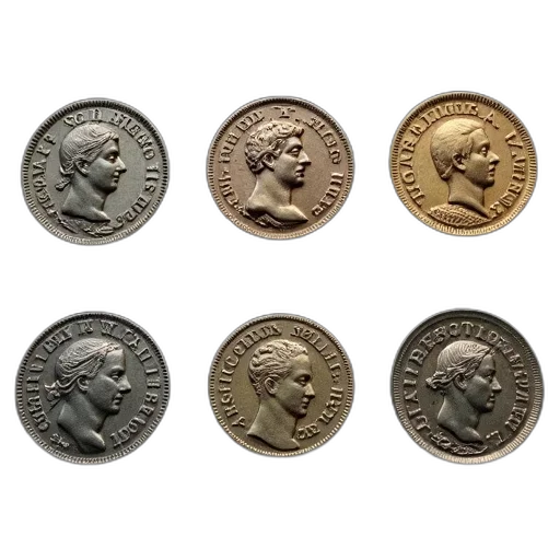 crown, collection, six, antique, coins, various, designs, inscriptions transparent PNG cut-out