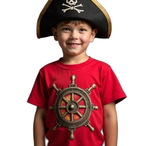 hat, young, boy, wearing, red, t-shirt, pirate-themed, design transparent PNG cut-out
