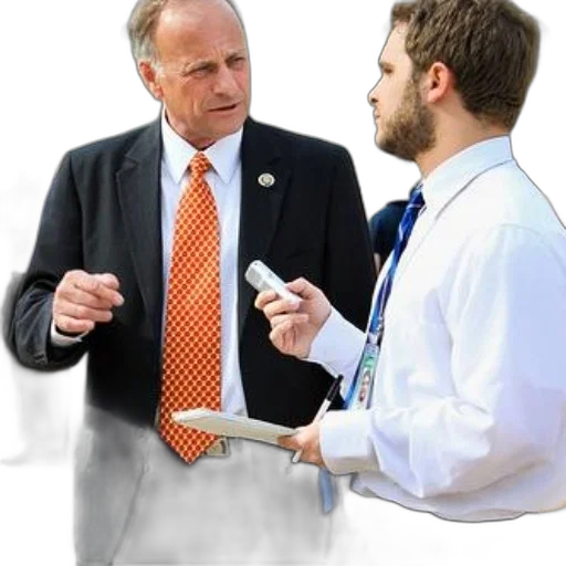 staff, man, suit, orange, tie, speaking, another, holding transparent PNG cut-out