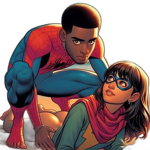 comic book art, concept art, two, costumed, animated, characters, one, dressed transparent PNG cut-out