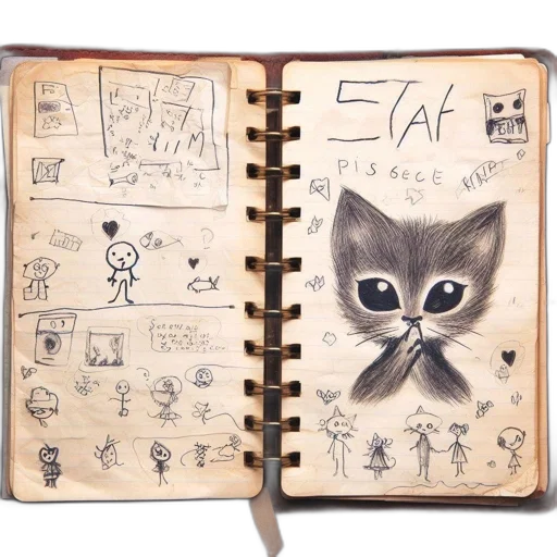 concept art, image, showcases, open, diary, sketchbook, various, hand-drawn transparent PNG cut-out