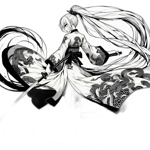 dress, hair, dragon, sword, concept art, fantasy art, comic book art, anime transparent PNG cut-out