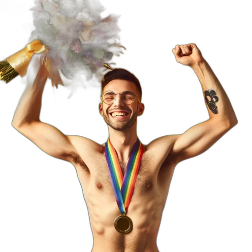 jubilant, man, rainbow, flag, medal, poses, front, celebrating transparent PNG cut-out