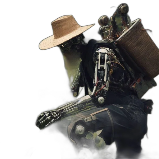 robot, hat, weapon, mask, concept art, 3d render, cyberpunk, fantasy art transparent PNG cut-out