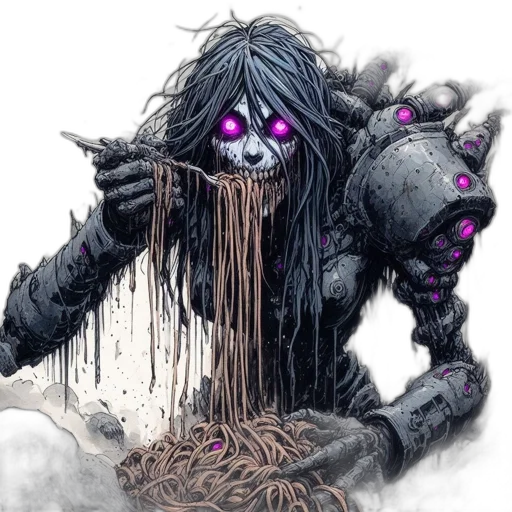 creature, hair, food, concept art, comic book art, fantasy art, dark, ominous transparent PNG cut-out
