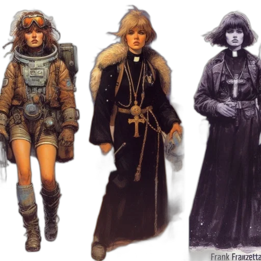 concept art, cyberpunk, fantasy art, comic book art, dark, monochrome, earth tones, three transparent PNG cut-out