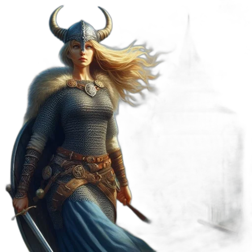 sword, fantasy art, concept art, comic book art, photorealistic, blonde-haired, woman, viking-style transparent PNG cut-out