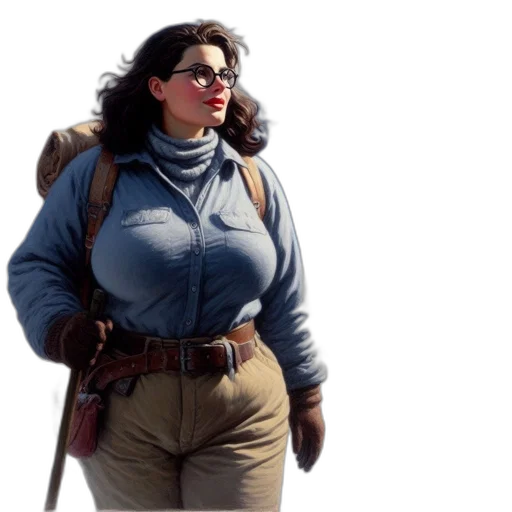 jacket, staff, concept art, comic book art, photorealistic, fantasy art, earth tones, woman transparent PNG cut-out
