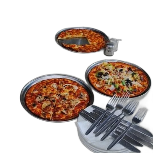 food, 3d render, table, four, pizzas, metal, trays, each transparent PNG cut-out