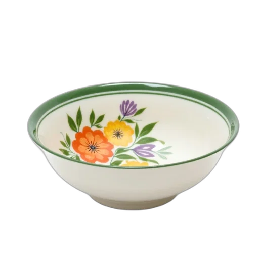 photorealistic, white, ceramic, bowl, colorful, floral, design, inside transparent PNG cut-out