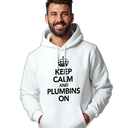 jacket, white, hoodie, phrase, keep, calm, plumbers, printed transparent PNG cut-out
