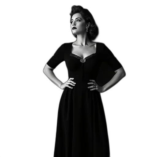 dress, black, white, photograph, woman, formal, pose, standing transparent PNG cut-out