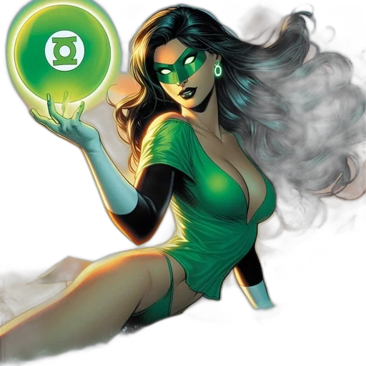 comic book art, concept art, fantasy art, green, woman, black, hair, holds transparent PNG cut-out