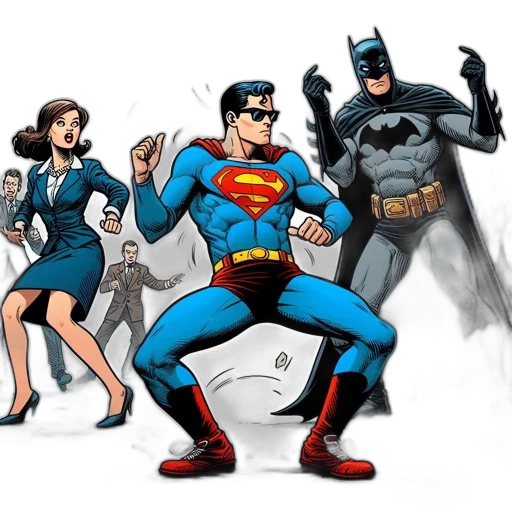 comic book art, concept art, cartoon, three, iconic, heroes, superman, batman transparent PNG cut-out