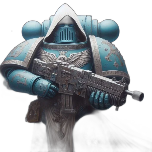 robot, weapon, concept art, fantasy art, cyberpunk, 3d render, blue, armored transparent PNG cut-out