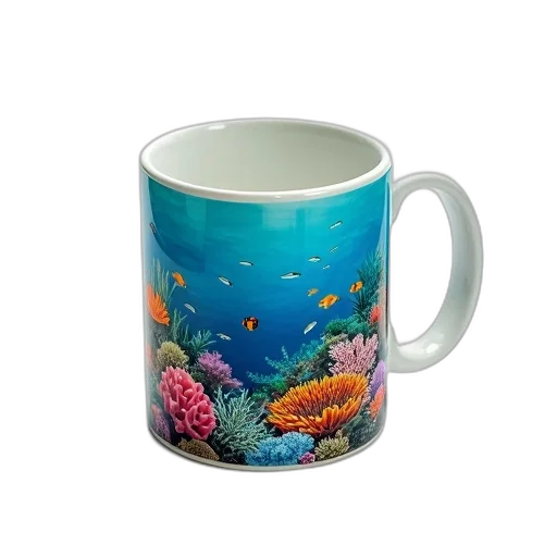 photorealistic, 3d render, underwater, white, ceramic, mug, colorful, scene transparent PNG cut-out