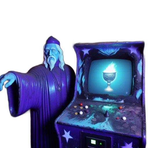 robot, staff, vaporwave, concept art, blue, arcade, machine, purple transparent PNG cut-out