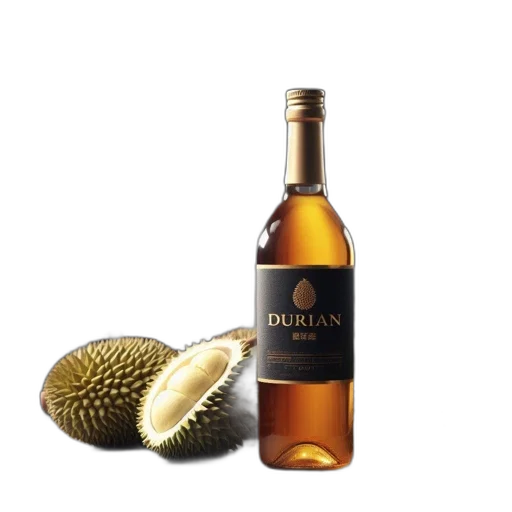 bottle, image, displays, durian-themed, liquor, alongside, real, durians transparent PNG cut-out