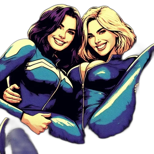 comic book art, cartoon, concept art, watercolor, blue, two, women, vibrant transparent PNG cut-out