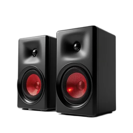 3d render, photorealistic, pair, speakers, black, mesh, grille, red transparent PNG cut-out