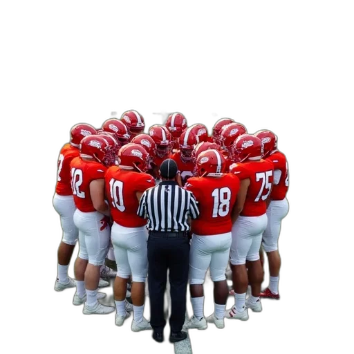 staff, group, football, players, red, white, uniforms, huddled transparent PNG cut-out
