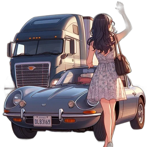 car, dress, cartoon, anime, concept art, photorealistic, city street, sunset transparent PNG cut-out