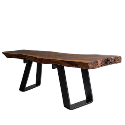 furniture, 3d render, photorealistic, walnut, slab, blackened, metal, legs transparent PNG cut-out