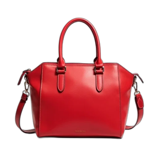 red, leather, handbag, long, strap, silver, buckle, displayed transparent PNG cut-out